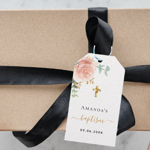 Étiquettes-cadeau Baptême eucalyptus rousse rose rose rose fille