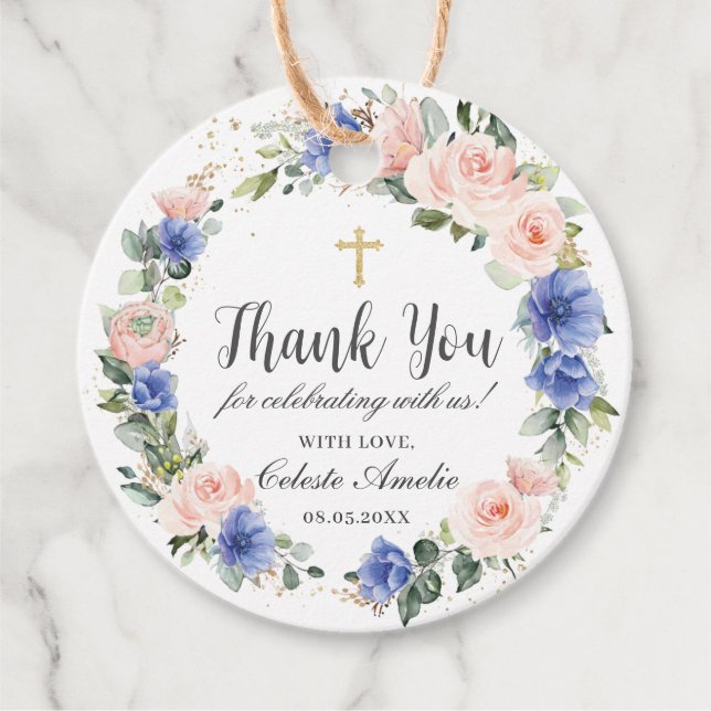 Étiquettes Cadeau Baptême floral Bleu Chic Bleu Baptême Christening  (Devant)