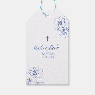 Étiquettes-cadeau Baptême floral botanique bleu