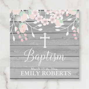 Étiquettes Cadeau Baptême floral rustique gris