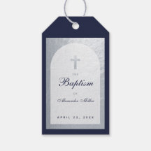 Baptême Garçon Marine Bleu Script Faux Arc Argent
