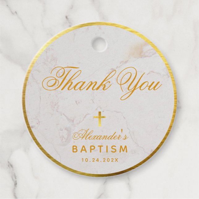 Étiquettes Cadeau Baptême Marbre élégant Faux Merci d'huile d'or (Devant)