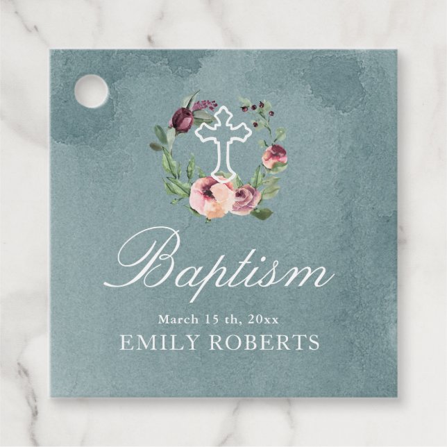 Étiquettes Cadeau baptême marsala fleuri monogramme océanique (Devant)