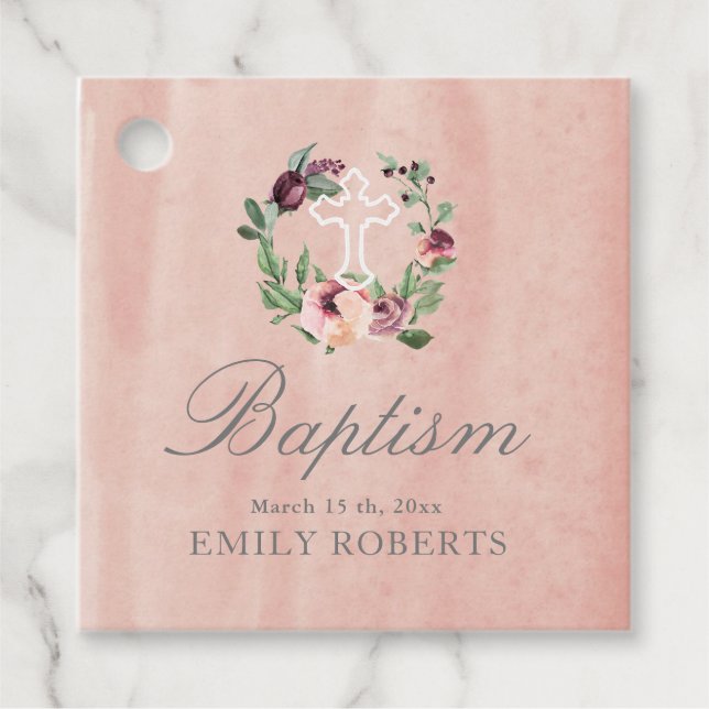 Étiquettes Cadeau baptême marsala fleuri rose pâle monogramme (Devant)