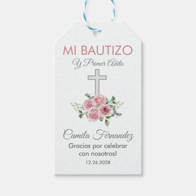 Étiquettes-cadeau Baptême mignon et premier anniversaire Roses roses (Devant)