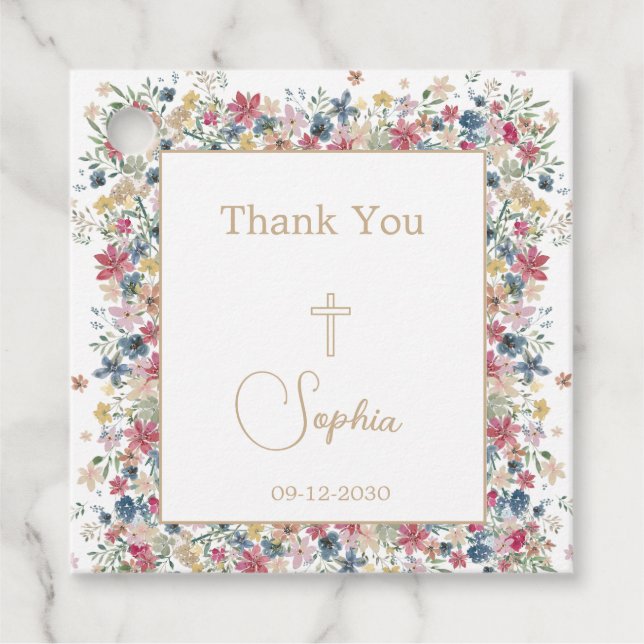 Étiquettes Cadeau Baptême religieux Christening Merci Floral (Devant)