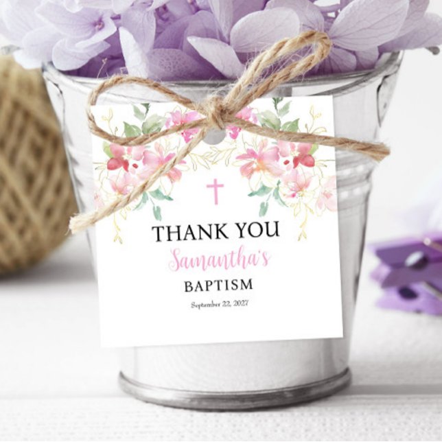 Étiquettes Cadeau Baptême rose florale fille Favoriser (Créateur téléchargé)