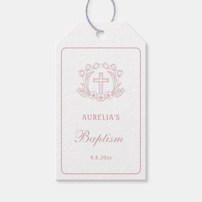 Étiquettes-cadeau Baptême simple rose floral (Devant)