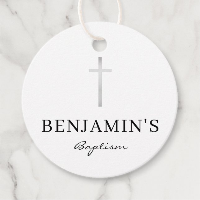 Étiquettes Cadeau BAPTISM MERCI moderne argent croix noir blanc (Devant)