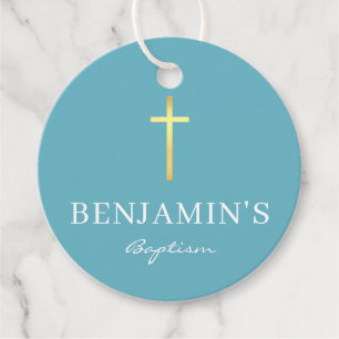 Étiquettes Cadeau BAPTISM MERCI moderne croix or moderne ciel bleu