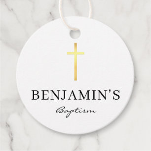 Étiquettes Cadeau BAPTISM MERCI or moderne croix noir blanc