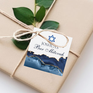 Étiquettes Cadeau Bar Mitzvah personnalisé bleu marine or fête