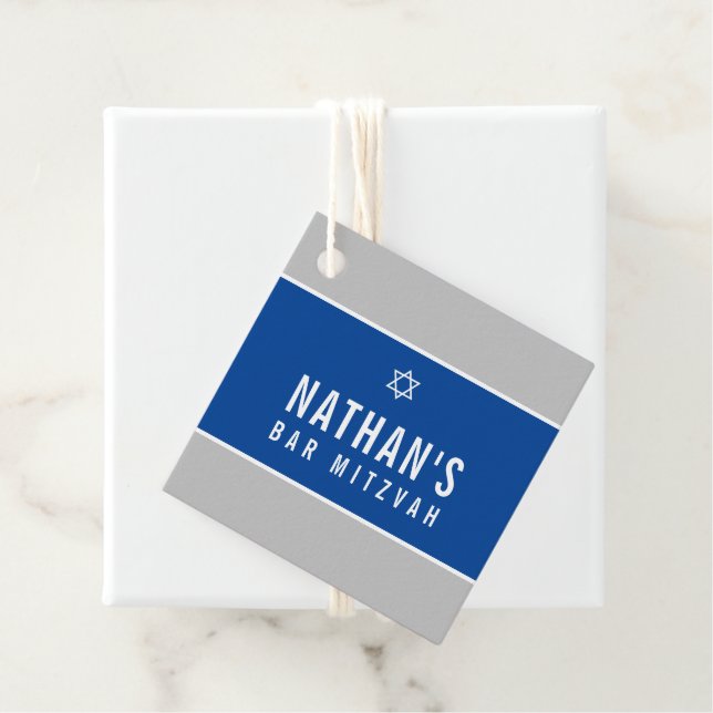 Étiquettes Cadeau BAR MITZVAH simple moderne géométrique gris bleu (En situation)