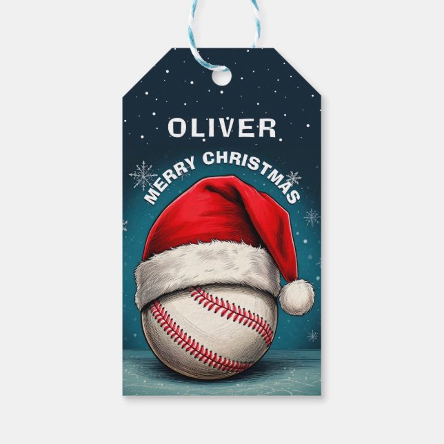 Étiquettes-cadeau Baseball Ball Red Santa Hat Name Christmas  (Dos)
