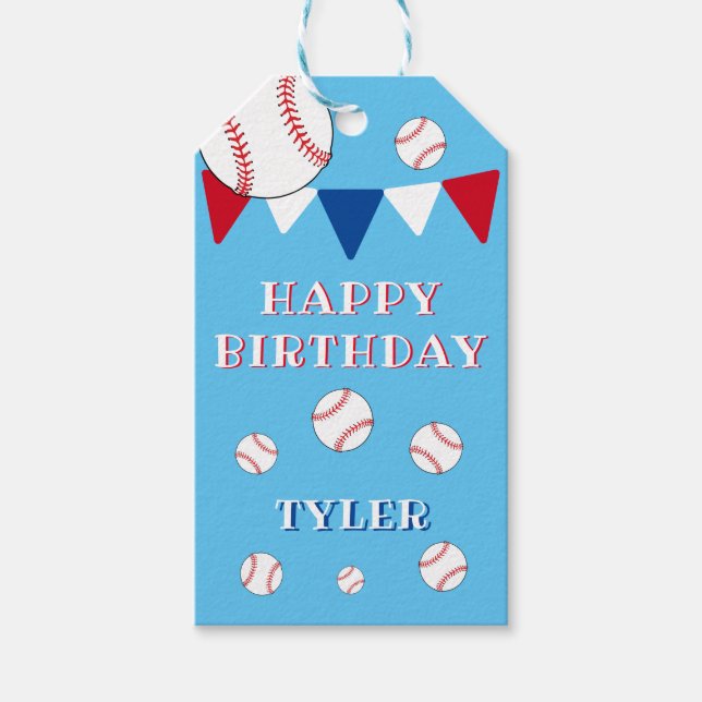 Étiquettes-cadeau Baseball Balls Bunting Flags Garçon Joyeux anniver (Devant)