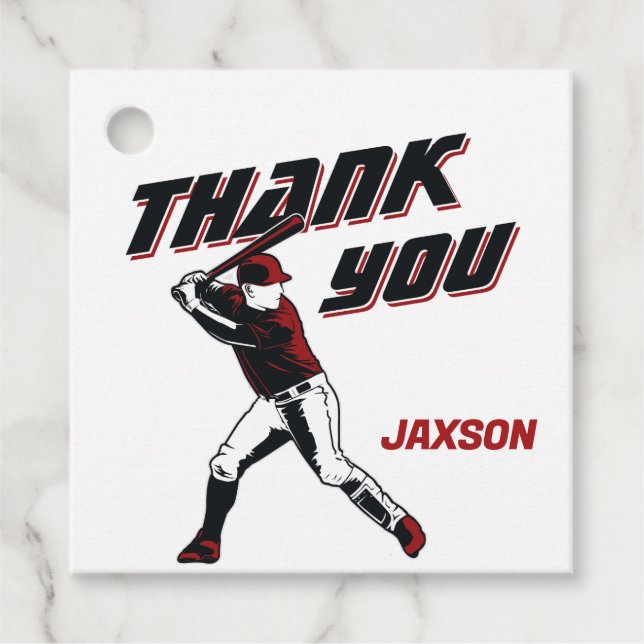 Étiquettes Cadeau Baseball Rouge Noir Merci fête d'anniversaire (Devant)