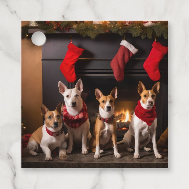 Étiquettes Cadeau Basenji au coin du feu Noël (Devant)