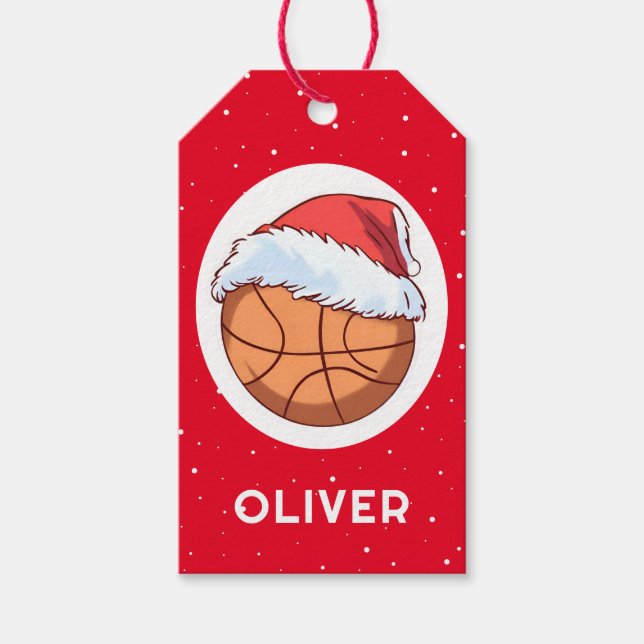 Étiquettes-cadeau Basket Ball Rouge Père Noël Nom de l'enfant (Devant)