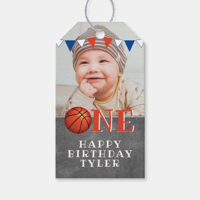 Étiquettes-cadeau Basketball Ball ONE Chalkboard Photo 1er anniversa (Devant)