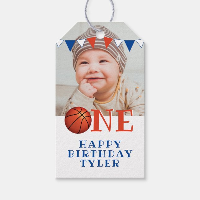 Étiquettes-cadeau Basketball Ball ONE Photo 1er anniversaire (Devant)