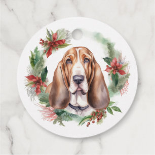 Étiquettes Cadeau Basset Hound Festive Wreath de Noël Pup