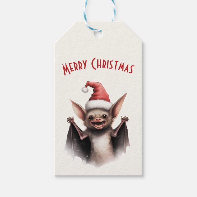 Étiquettes-cadeau Bat à effroi Santa Hat Rouge Poinsettia Noël (Devant)
