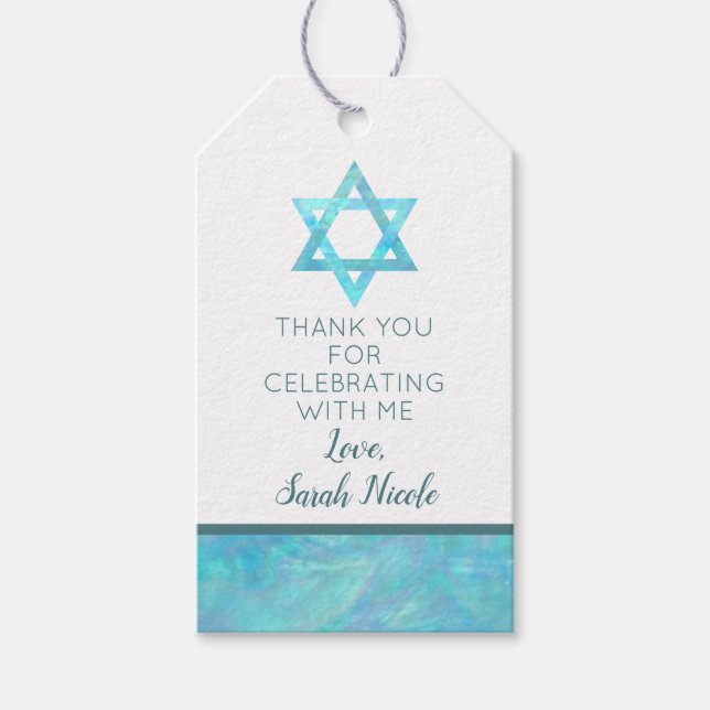 Étiquettes-cadeau Bat mitzvah Bleu Opal Magen David Merci (Devant)