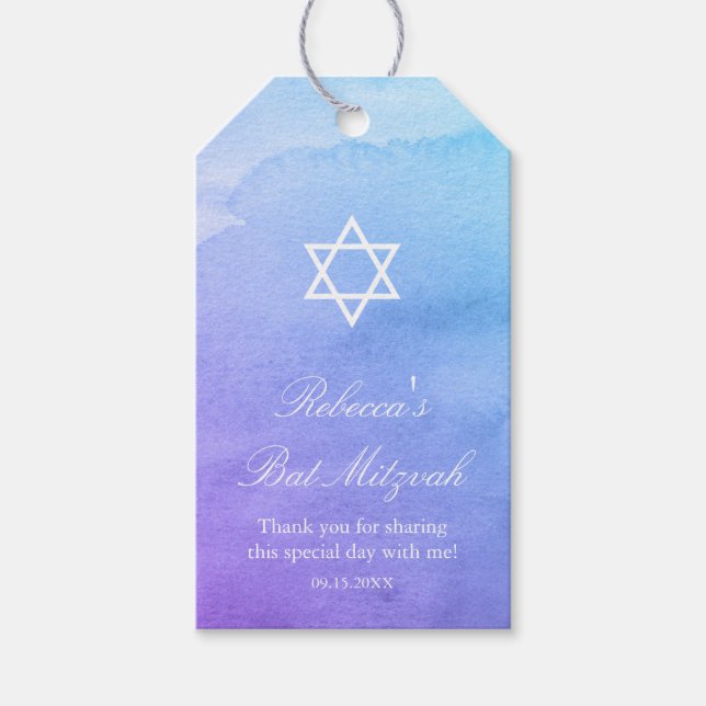 Étiquettes-cadeau Bat mitzvah d'aquarelle violet et Turquoise (Devant)