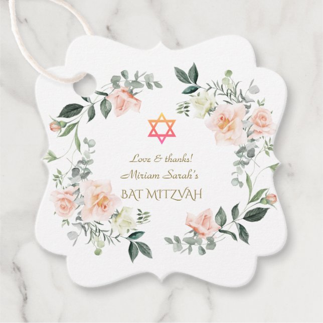 Étiquettes Cadeau Bat mitzvah de Fleurs blanches brillantes (Devant)