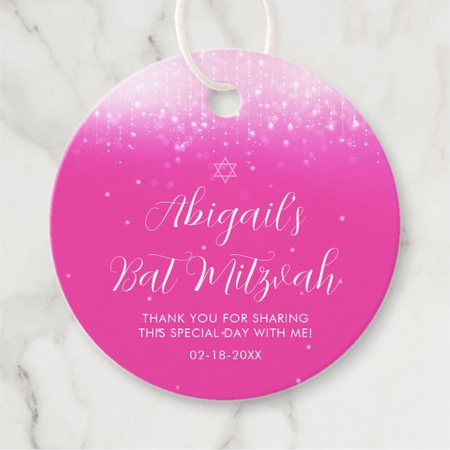 Étiquettes Cadeau Bat mitzvah rose chaud Glam (Devant)