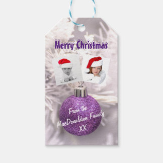 Étiquettes-cadeau Bauble violet Joyeux modèle photo de Noël