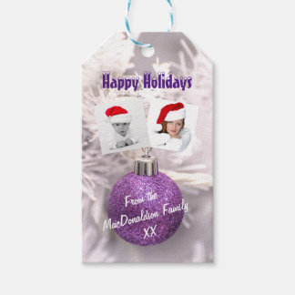 Étiquettes-cadeau Bauble violet modèle photo vacances de Noël