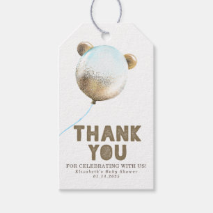 Étiquettes-cadeau Bear Balloon Or bleu et Merci Brown
