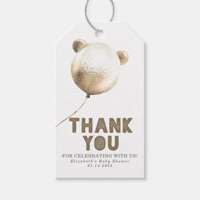 Étiquettes-cadeau Bear Balloon Or et Merci Brown (Devant)