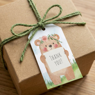 Étiquettes-cadeau Bear fille mignonne avec Merci de couronne de fleu