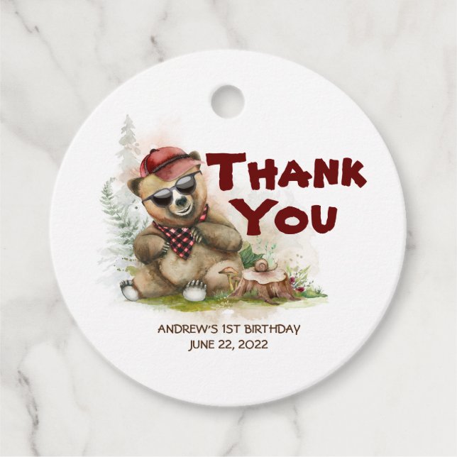 Étiquettes Cadeau Bear Lumberjack mignonne Merci d'anniversaire (Devant)