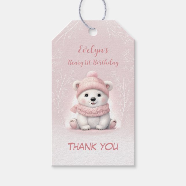 Étiquettes-cadeau Beary d'hiver 1er anniversaire Ours rose (Devant)