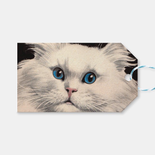 Étiquettes-cadeau beau chat blanc aux yeux bleus (Devant (Horizontal))