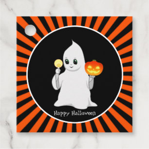 Étiquettes Cadeau Beau fantôme d'Halloween et citrouille sur noir &