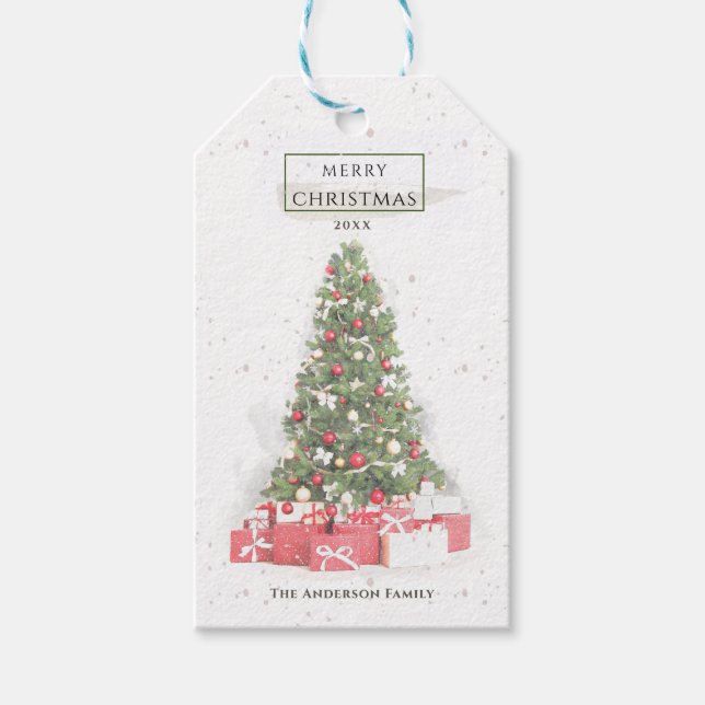 Étiquettes-cadeau Beau Noël Arbre Aquarelle Vacances Art (Devant)