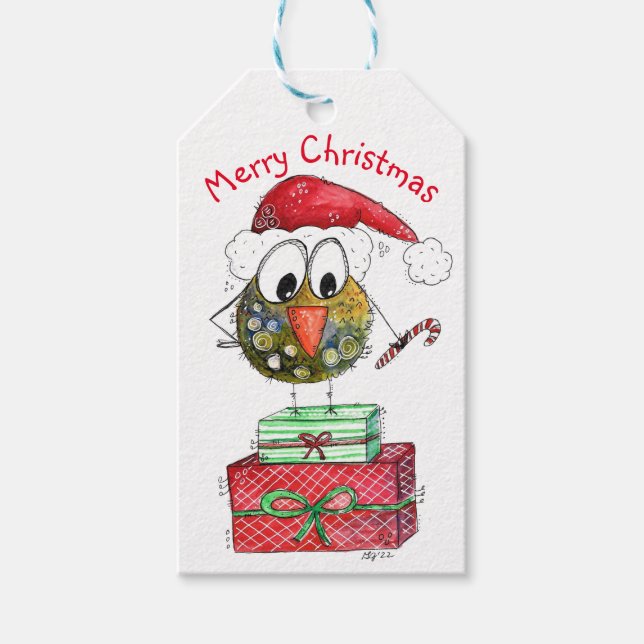 Étiquettes-cadeau Beau Oiseau de Noël Whimsical (Devant)
