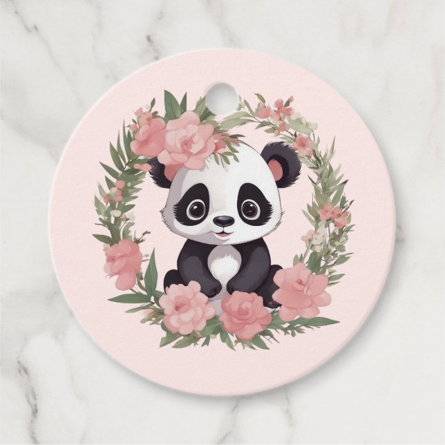 Étiquettes Cadeau Bébé adorable Panda Ours avec fleurs (Devant)