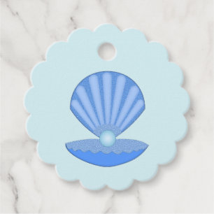 Étiquettes Cadeau Bébé bleu Coquille d'huîtres et Baby shower Pearl