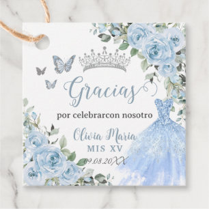 Étiquettes Cadeau Bébé Bleu Floral Princesse Robe Argent Quinceañera