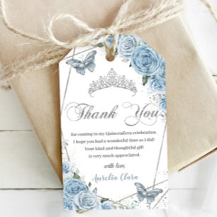 Étiquettes-cadeau Bébé Bleu Floral Quinceanera Papillons en argent