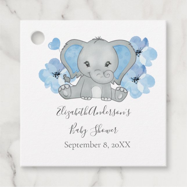 Étiquettes Cadeau Bébé bleu garçon éléphant Baby shower fleurs ballo (Devant)
