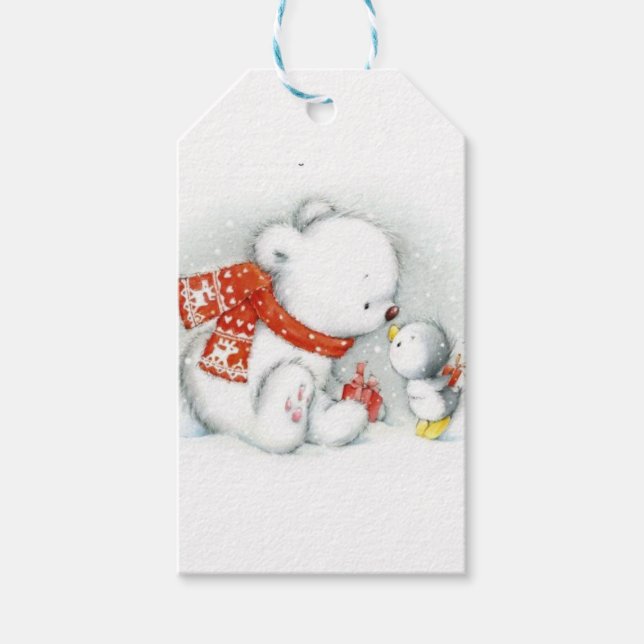 Étiquettes-cadeau Bébé de Noël Ours polaire Baiser Oiseau (Devant)