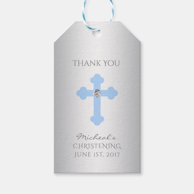 Étiquettes-cadeau Bébé élégant Croix Bleue Baptême / Christening Gar (Devant)