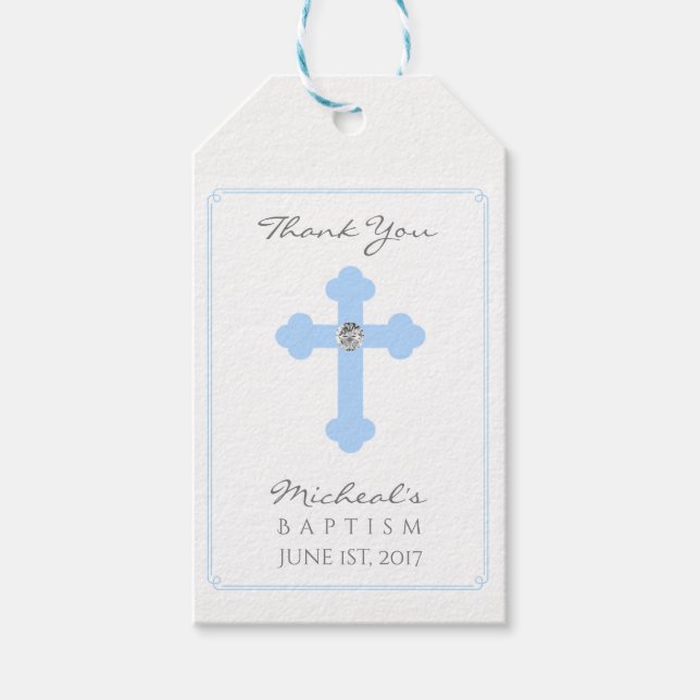 Étiquettes-cadeau Bébé élégant Croix Bleue Baptême / Christening Gar (Devant)