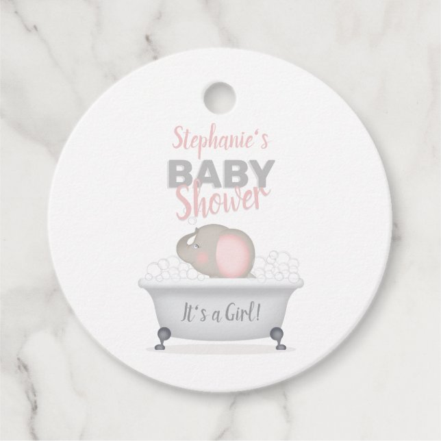Étiquettes Cadeau Bébé Eléphant bulle Baby shower fille bain (Devant)